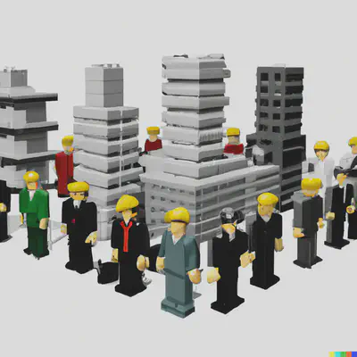 AI generated image showing lego stakeholders around an architectural mode.